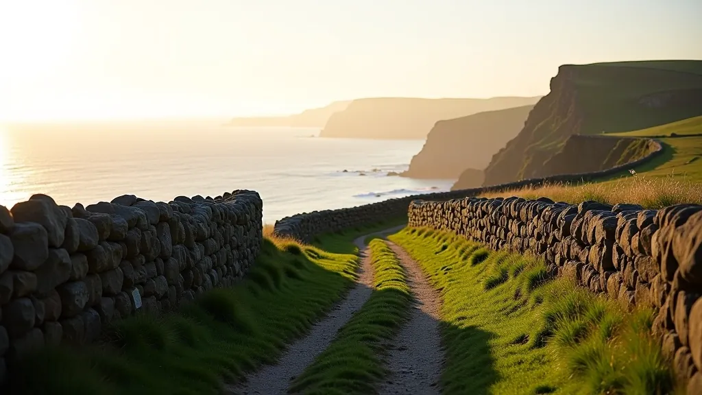 Coastal path along Doolin cliffs with sea views, stone wall markers, and grassy walking trail overlooking Atlantic Ocean