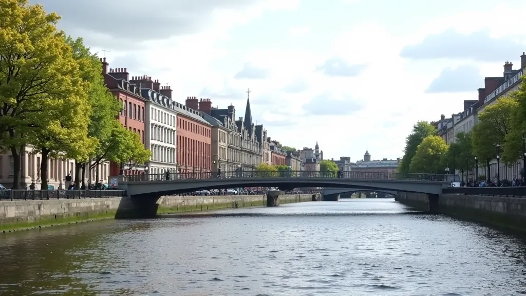 Dublin riverside walk with Georgian architecture and Liffey River bridges