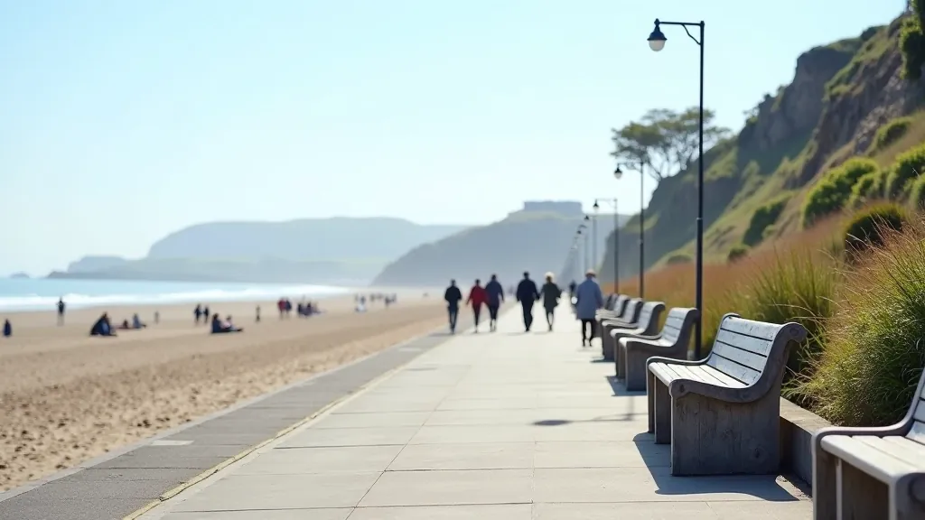 Lahinch beach and promenade with accessible seafront walking area, benches, and wide paved paths suitable for seniors