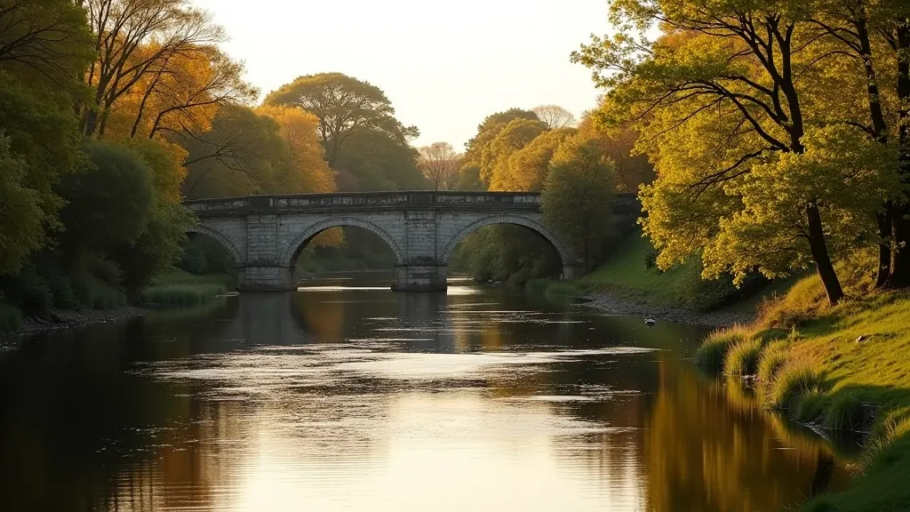 River view with stone bridge in distance, rippling water reflecting sky and vegetation