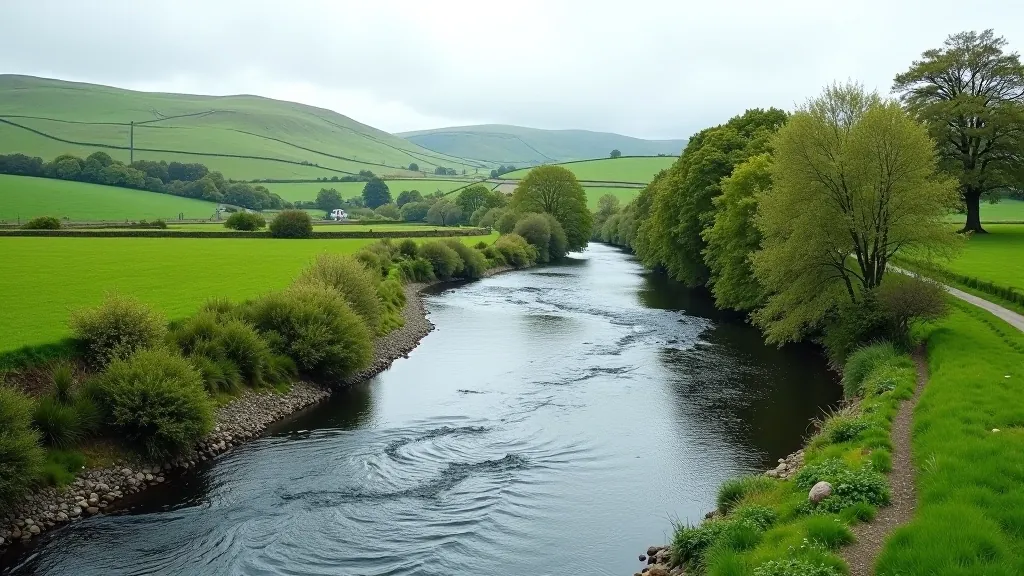 River Liffey flowing through Irish countryside with green fields and trees