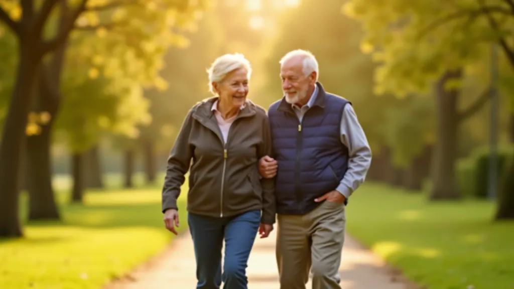 Senior couple walking together on a peaceful park path, smiling and enjoying nature