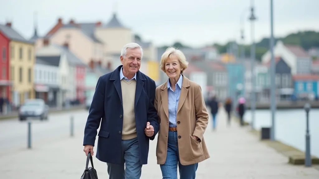 Older couple enjoying a peaceful walk on a Cork waterfront promenade with colorful buildings