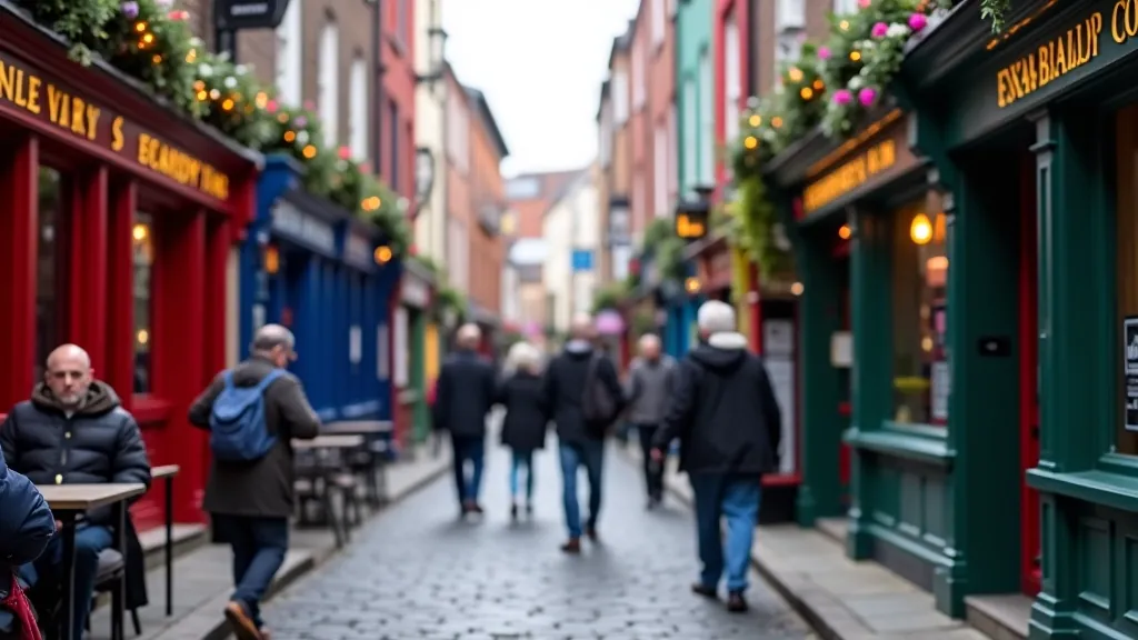 Temple Bar district with colorful buildings, narrow pedestrian street, restaurants and pubs