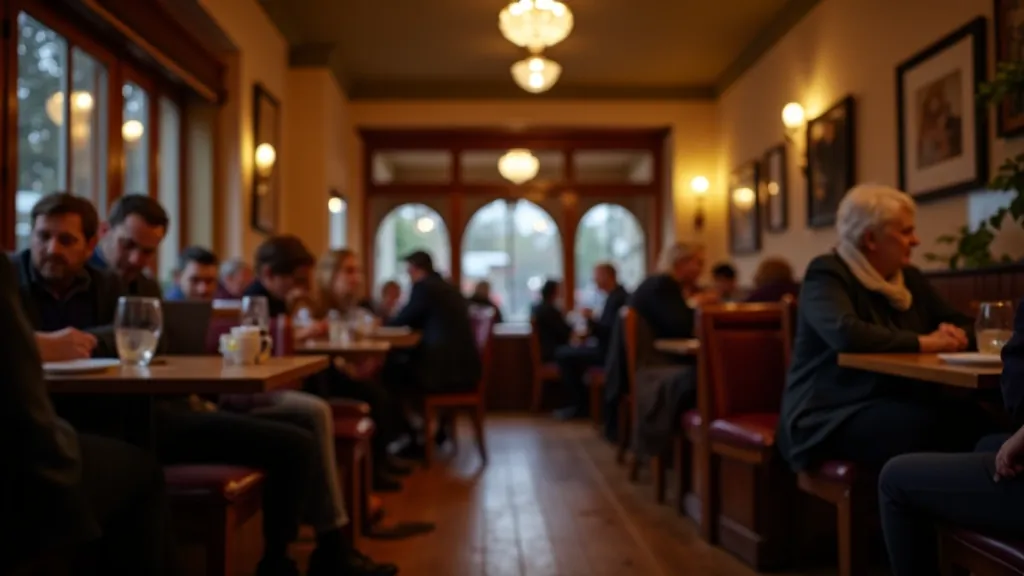 Cozy Dublin café interior with customers seated, warm lighting, wooden furnishings