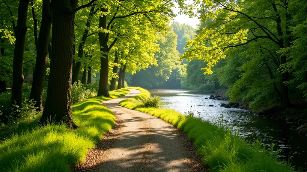 Walking trail curving through wooded area with river visible on left side and afternoon shadows